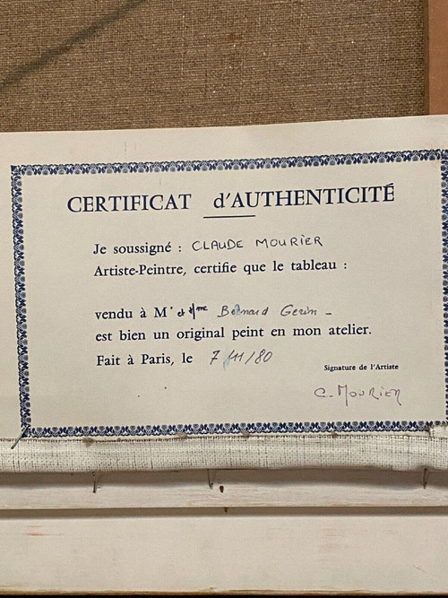 Huile sur toile chaumières au bord de l'eau par Claude Mourier 1980