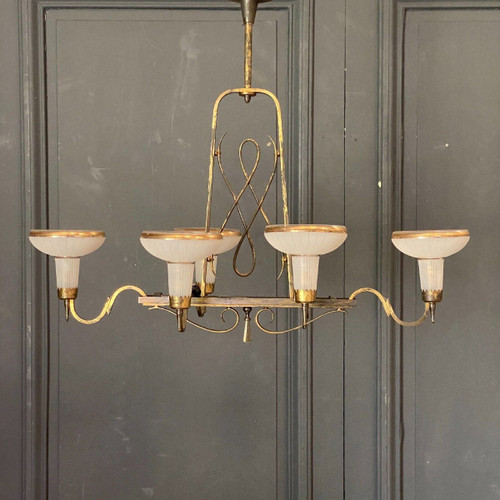 Lampadario in metallo dorato 1950 6 luci molate in vetro satinato