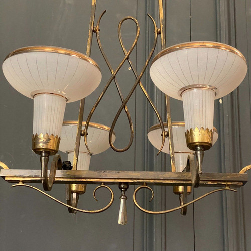 Lampadario in metallo dorato 1950 6 luci molate in vetro satinato