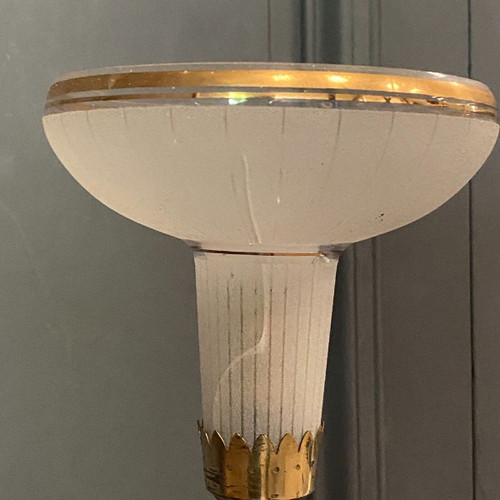 Lampadario in metallo dorato 1950 6 luci molate in vetro satinato