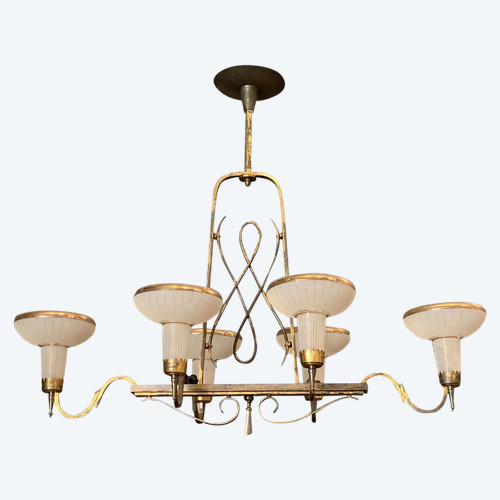 Lampadario in metallo dorato 1950 6 luci molate in vetro satinato