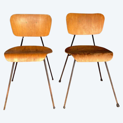 Paire de chaises courbes 1960 métal tubulaire Robert Mathieu