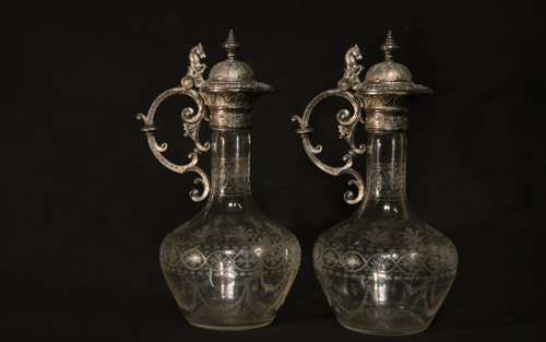 Coppia di brocche e decanter in cristallo e argento, XIX secolo