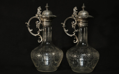 Coppia di brocche e decanter in cristallo e argento, XIX secolo