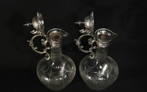 Coppia di brocche e decanter in cristallo e argento, XIX secolo