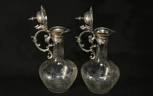 Coppia di brocche e decanter in cristallo e argento, XIX secolo