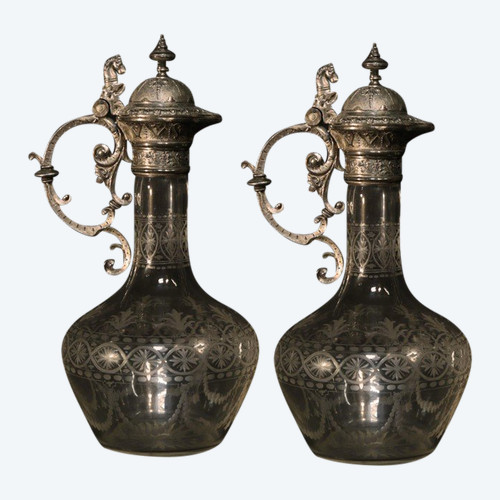 Coppia di brocche e decanter in cristallo e argento, XIX secolo