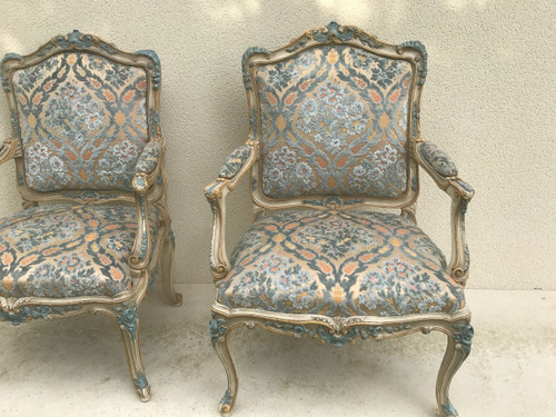 Pair of large Louis XV style armchairs in lacquered wood 20th century
