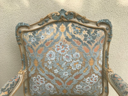 Pair of large Louis XV style armchairs in lacquered wood 20th century