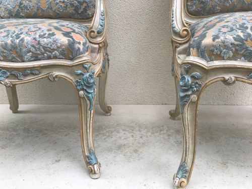 Pair of large Louis XV style armchairs in lacquered wood 20th century