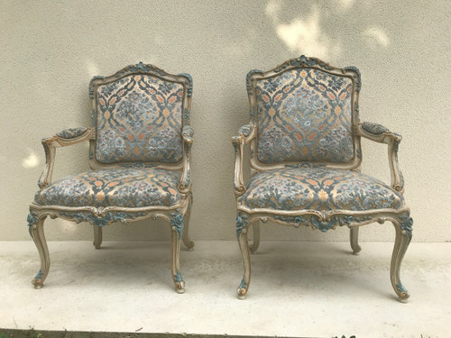 Pair of large Louis XV style armchairs in lacquered wood 20th century