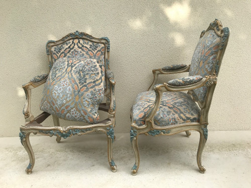Pair of large Louis XV style armchairs in lacquered wood 20th century