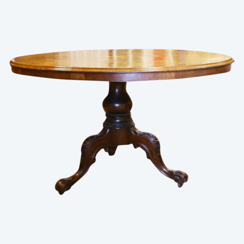 Oval table in marquetry and varnished wood 