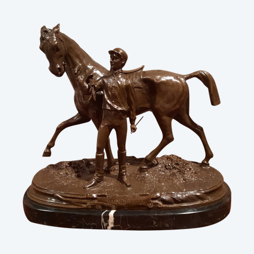 Bronze representing a jockey and his horse signed P.J. Mène 1866, 20th century.