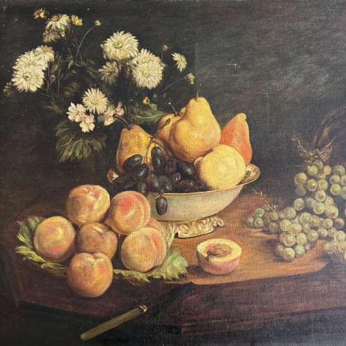 Öl auf Leinwand 1900 nach Fantin Latour Stillleben Blumen und Früchte