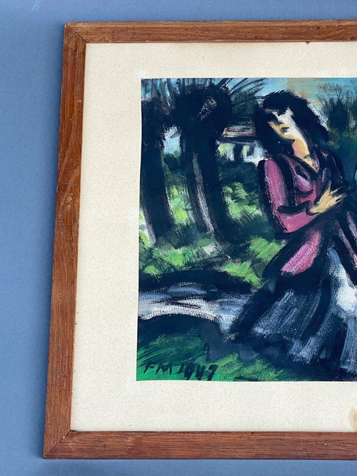 Acquerello su carta di Frans Masereel 1947 Coppia di donne con brocca