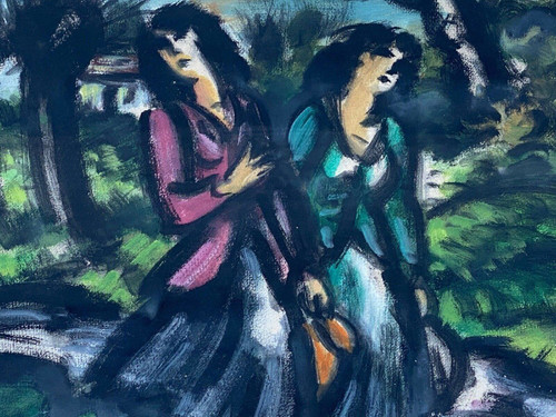 Acquerello su carta di Frans Masereel 1947 Coppia di donne con brocca