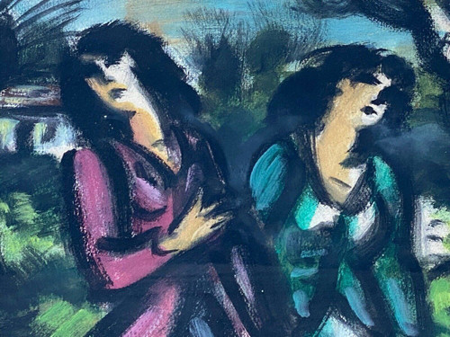 Acquerello su carta di Frans Masereel 1947 Coppia di donne con brocca