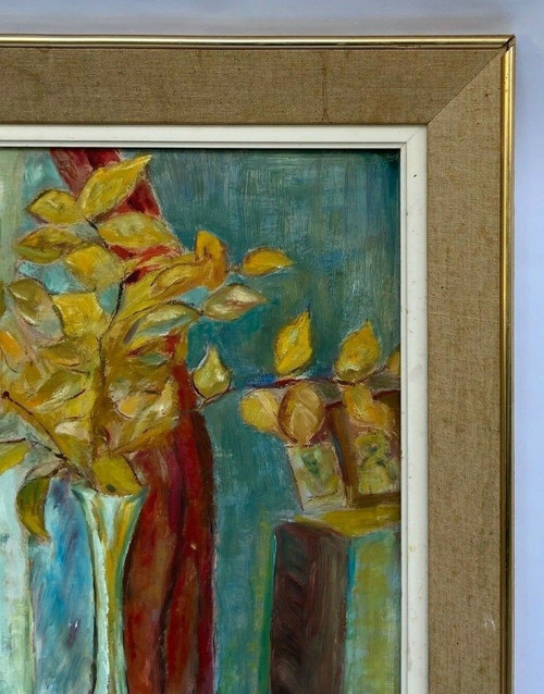Huile sur carton nature morte aux fleurs 1950