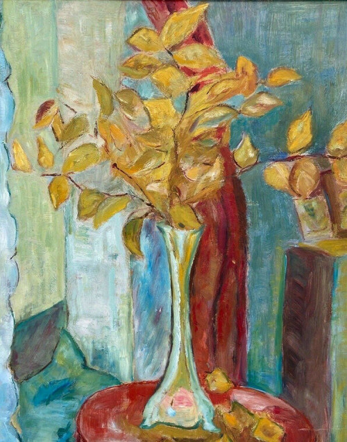 Huile sur carton nature morte aux fleurs 1950