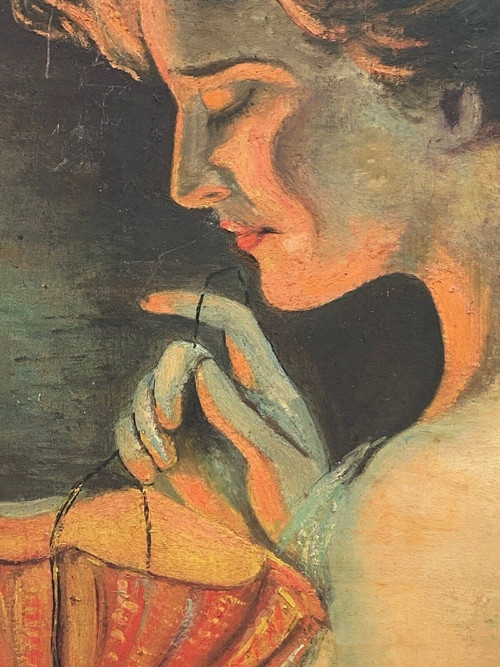 Öl auf Karton von Guéret Frau im Profil XX.
