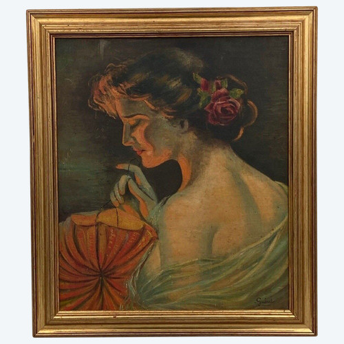 Öl auf Karton von Guéret Frau im Profil XX.