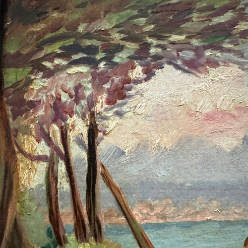 Huile sur carton représentant une côte rocheuse par M. Garrec XXe
