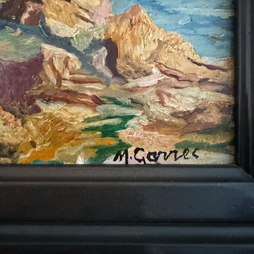 Huile sur carton représentant une côte rocheuse par M. Garrec XXe