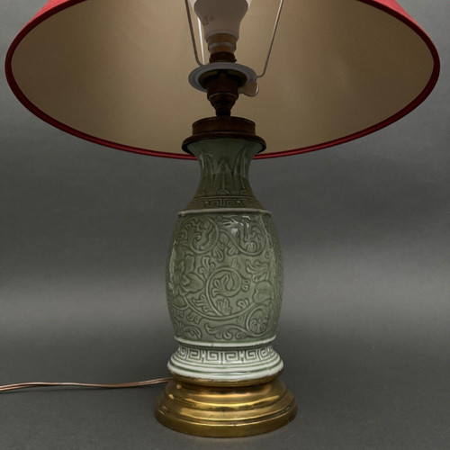 Lampe Napoléon III en céladon vert sur une base en laiton