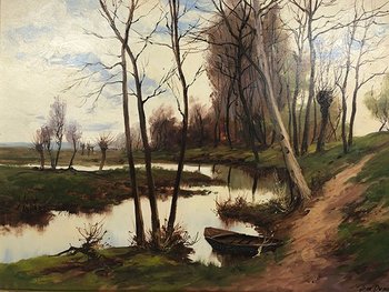Jean Dumont. Large framed oil on canvas, "Landscape with a boat