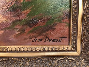 Jean Dumont. Large framed oil on canvas, "Landscape with a boat