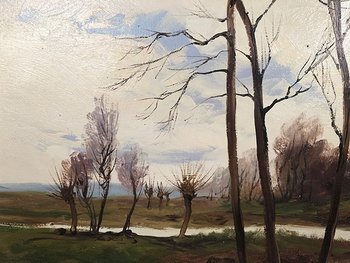 Jean Dumont. Large framed oil on canvas, "Landscape with a boat
