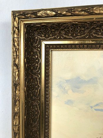 Jean Dumont. Large framed oil on canvas, "Landscape with a boat