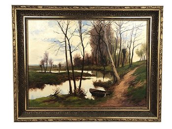 Jean Dumont. Large framed oil on canvas, "Landscape with a boat