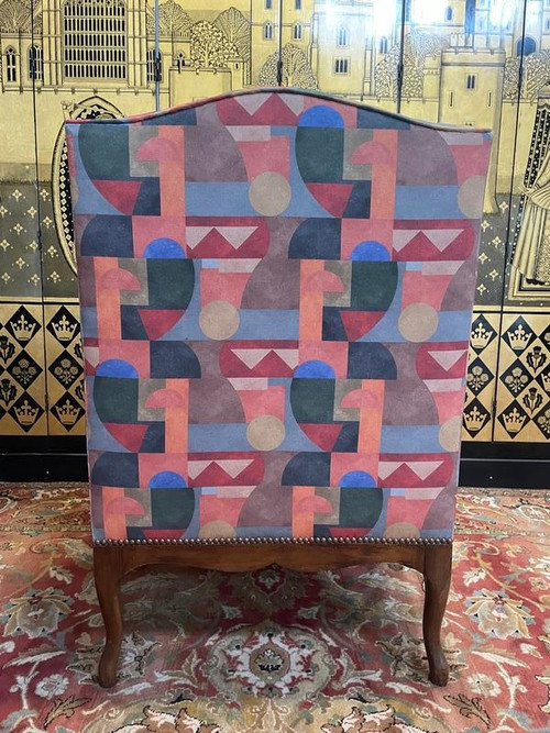 Armchair - Louis XV style wing chair in Art Deco fabric