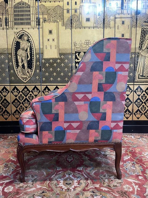 Armchair - Louis XV style wing chair in Art Deco fabric