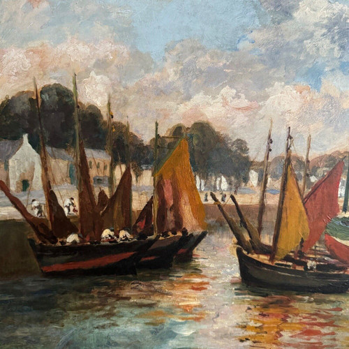 Öl auf Karton von Henri Malfroy Savigny Fischereihafen