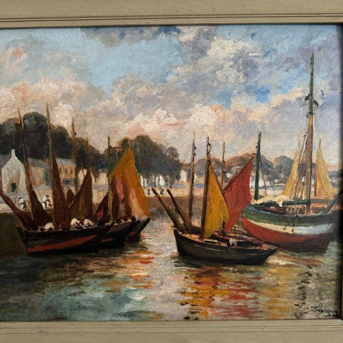 Öl auf Karton von Henri Malfroy Savigny Fischereihafen
