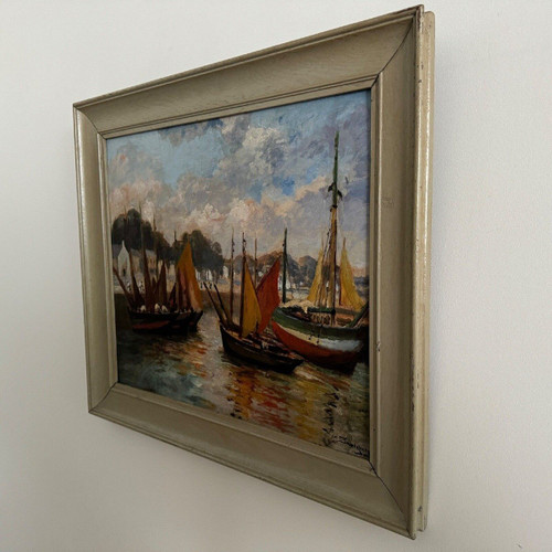 Öl auf Karton von Henri Malfroy Savigny Fischereihafen