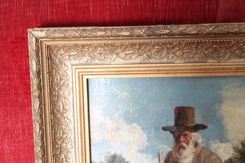 Peinture à l'huile ancienne sur toile, représentant un mendiant, belle qualité