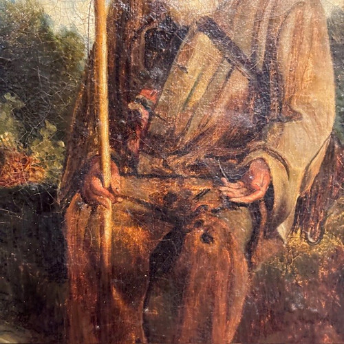 Peinture à l'huile ancienne sur toile, représentant un mendiant, belle qualité