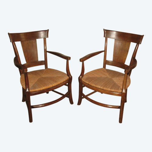 Pair of Restoration-period straw-covered armchairs in walnut Origin Périgord 19th century Directoire style