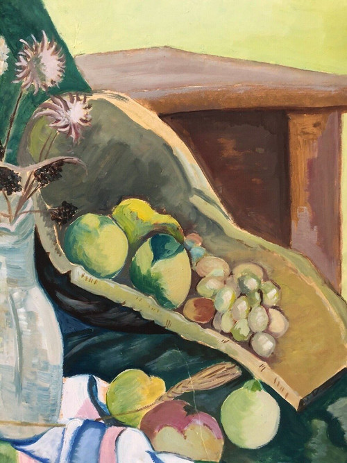 Stillleben Blumenvase und Obstschale 1940 Öl auf Karton