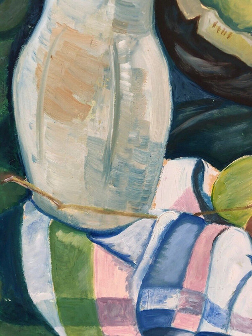 Stillleben Blumenvase und Obstschale 1940 Öl auf Karton