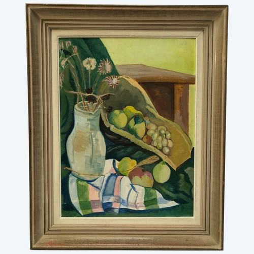 Stillleben Blumenvase und Obstschale 1940 Öl auf Karton