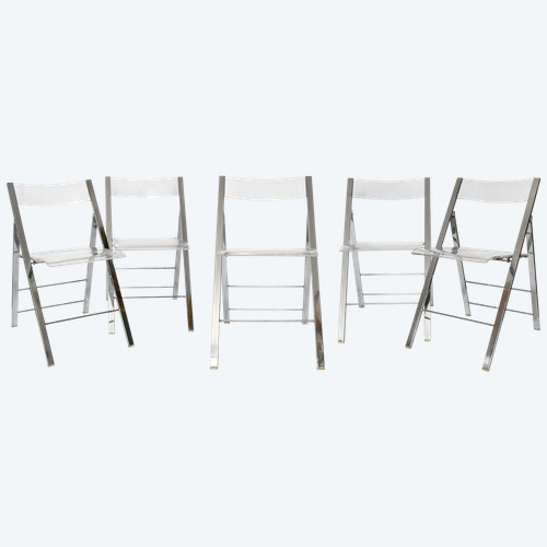 Suite de 5 chaises pliantes des années 1970 en métal chromé et plexiglass 