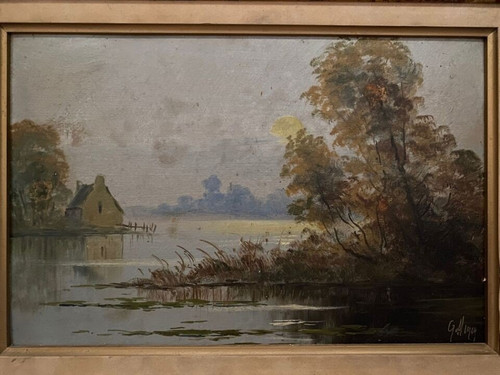 Huile sur panneau représentant une rivière début XXe 1914