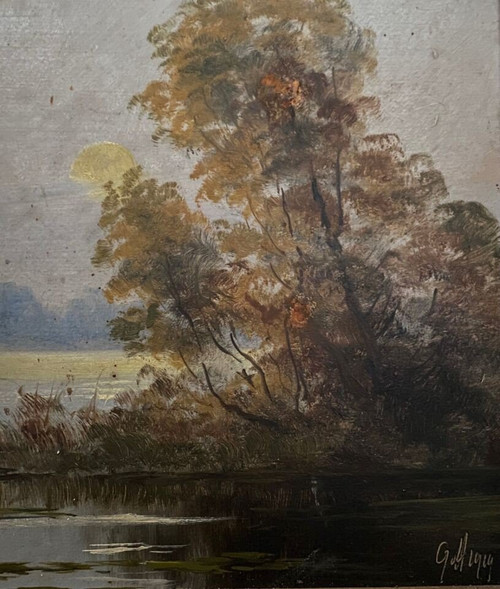 Huile sur panneau représentant une rivière début XXe 1914