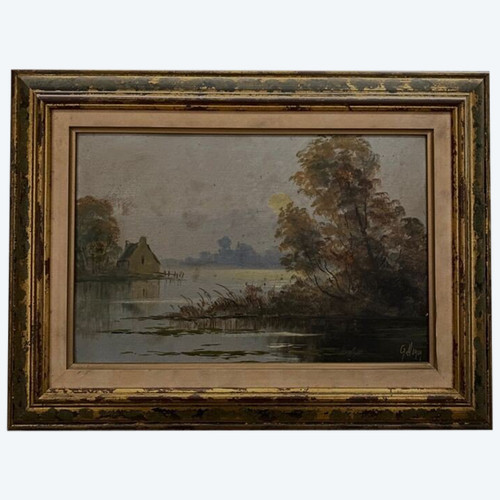 Huile sur panneau représentant une rivière début XXe 1914