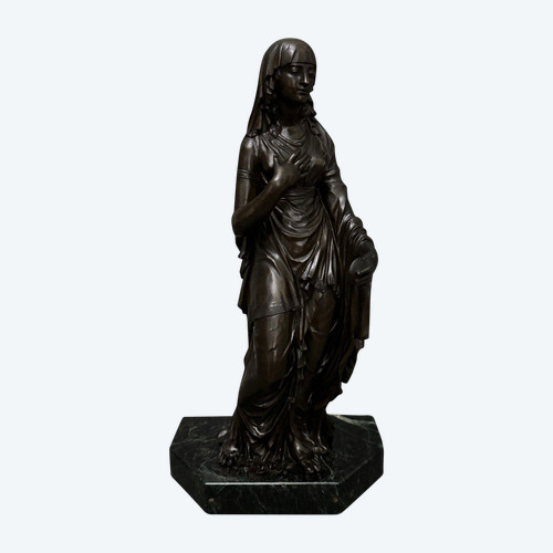 Sculpture en bronze XIXe femme à l'Antique drapée sur socle en marbre